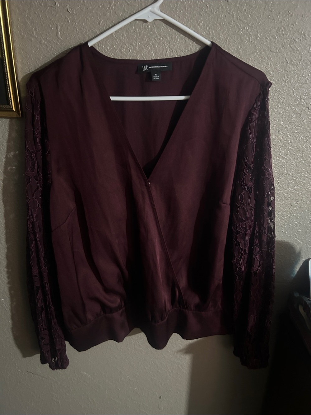 INC International Concepts Burgundy Lace-Sleeve Surplice Blouse